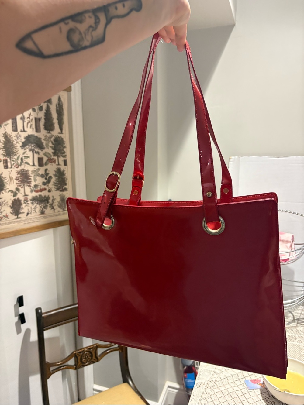 Glossy Red Patent Tote with Gold-Tone Hardware